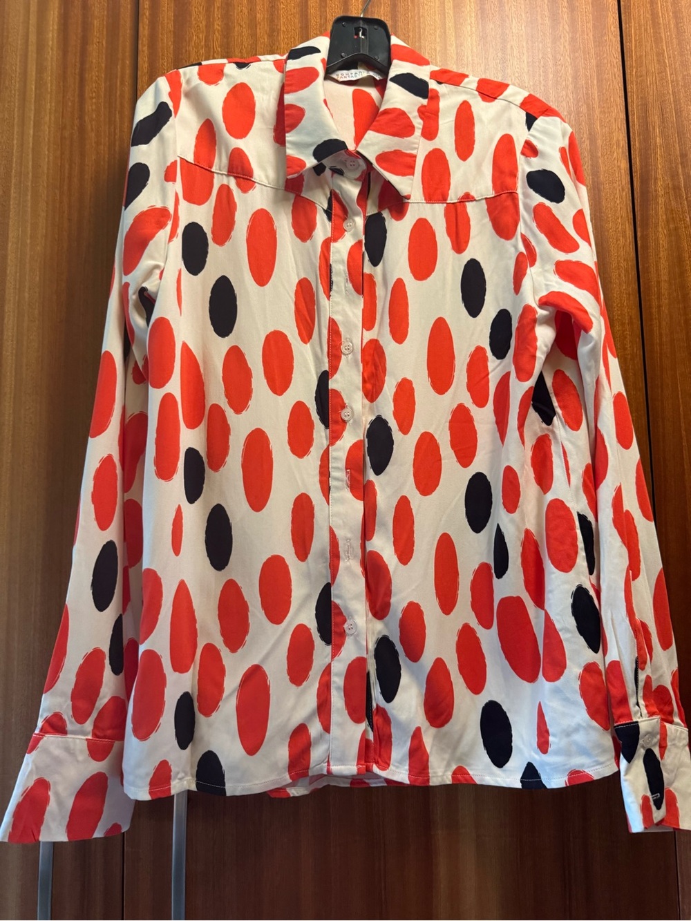 Compania Fantastica Cream, Black and Red Oval Dot Button Down Shirt NWOT